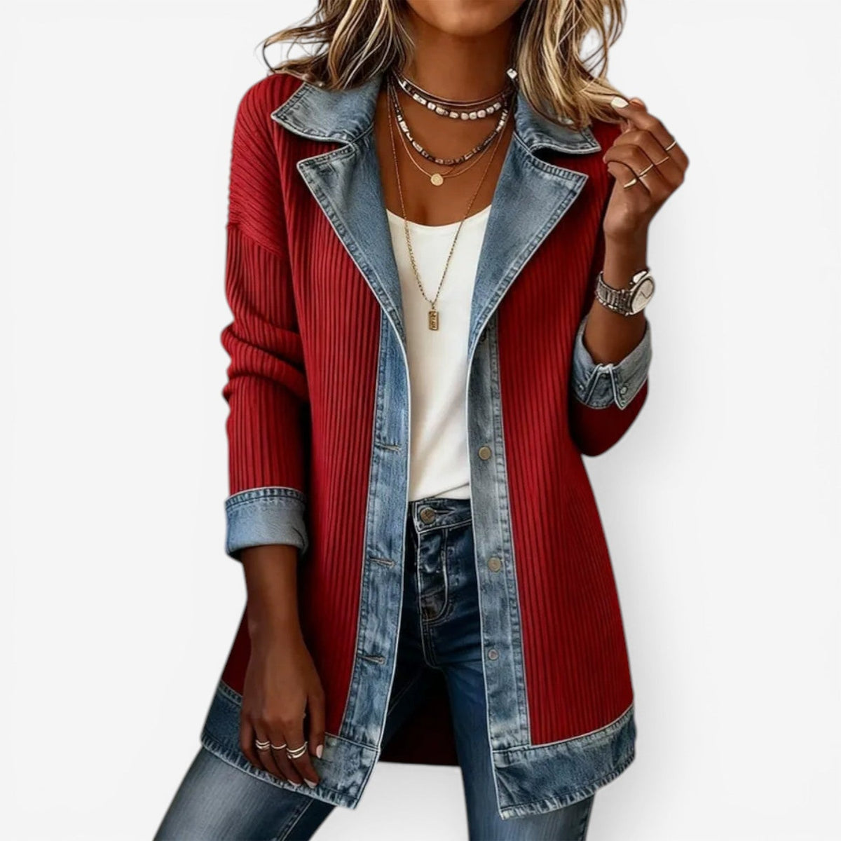 Women's knit autumn jacket with layered collar and buttons in red