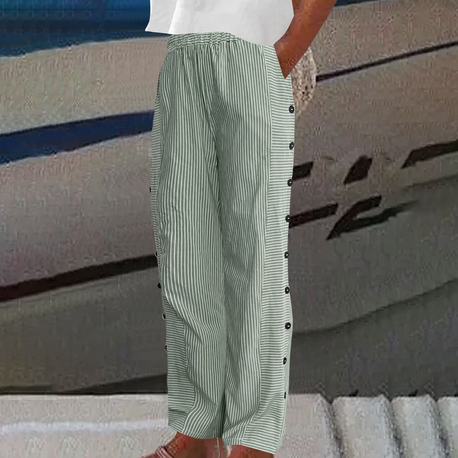Relaxed Straight Leg Stripe Linen Pants