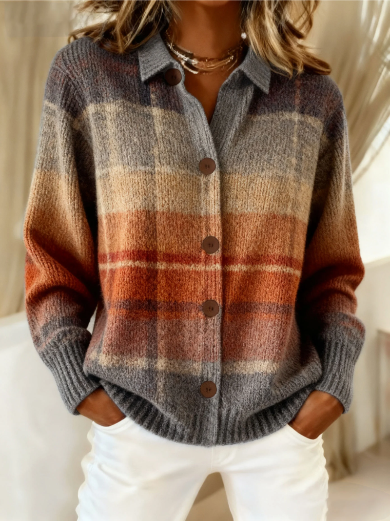 Ombre plaid collared cardigan sweater in autumn ombre
