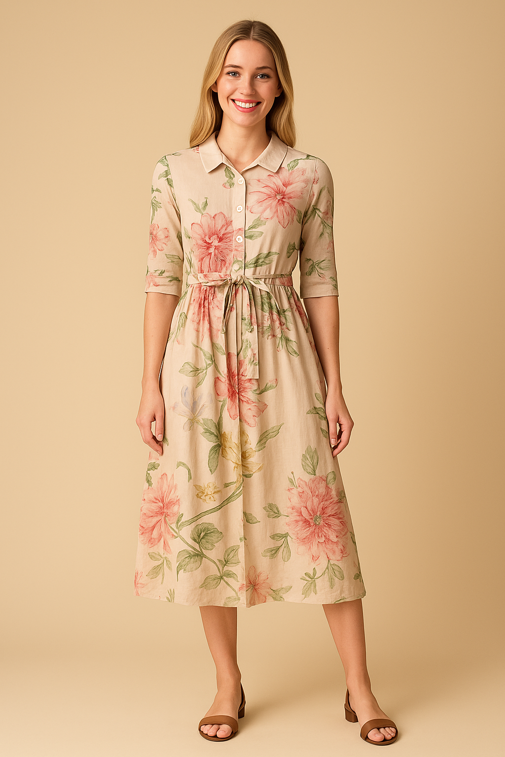Floral Midi Dress Women Button Front