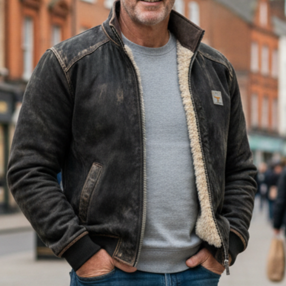 Men's warm vintage leather jacket with plush lining