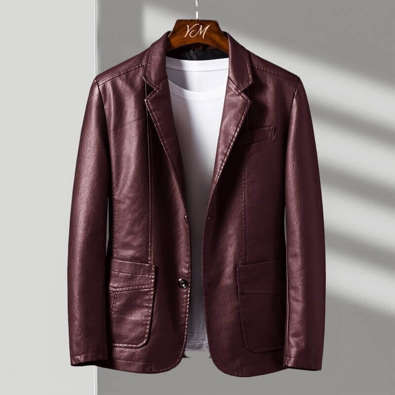 Men's classic tailored leather jacket in burgundy red