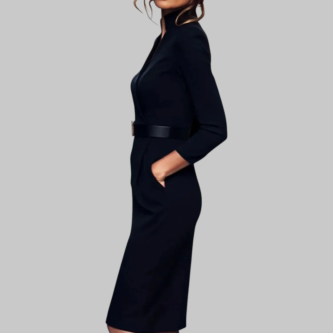 Long Sleeve V Neck Midi Dress Fitted Sheath Gold Buckle Belt