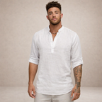 Regular fit linen shirt featuring a stylish stand-up collar and long sleeves, perfect for casual or semi-formal occasions. 1