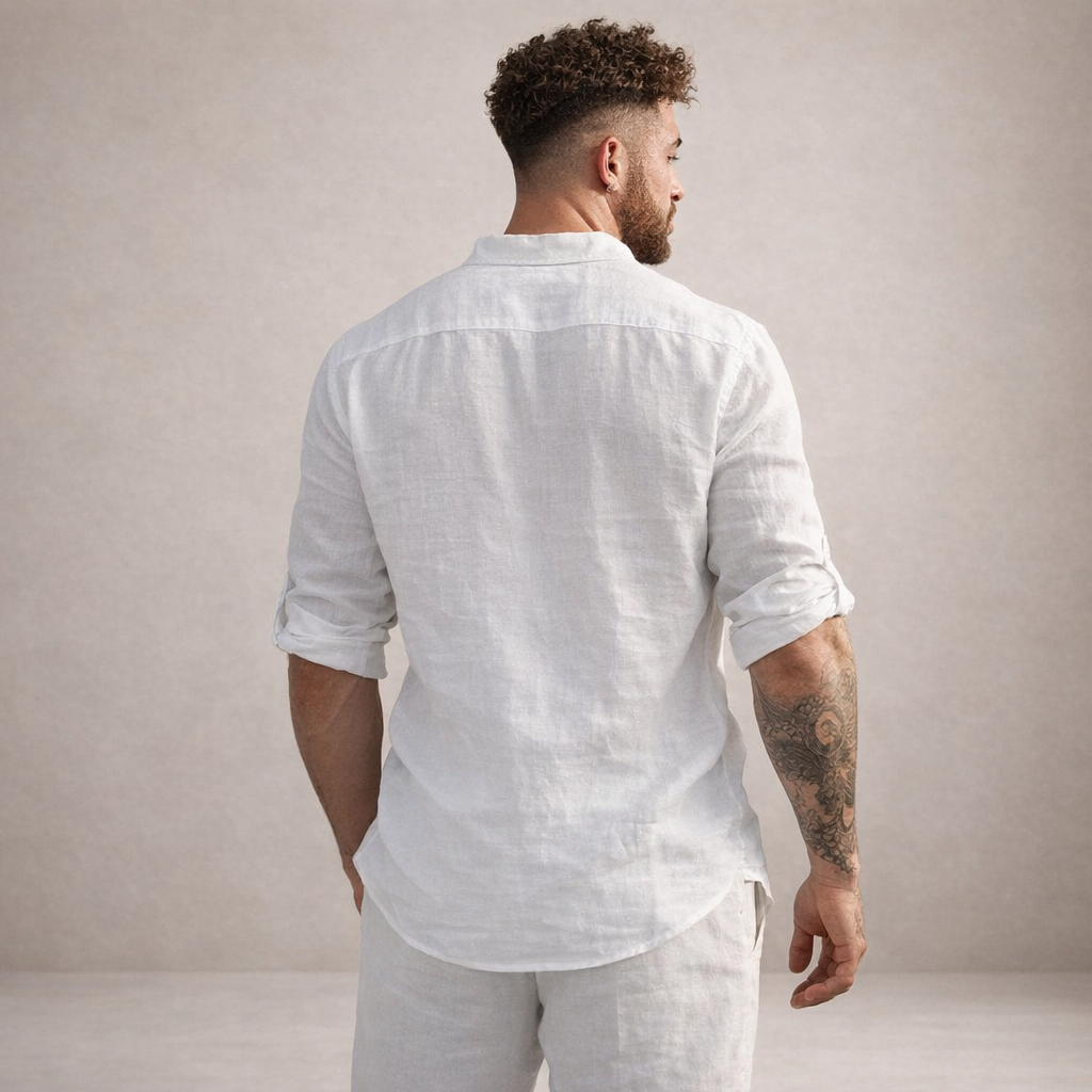 Regular fit linen shirt featuring a stylish stand-up collar and long sleeves, perfect for casual or semi-formal occasions. 2