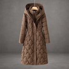 Women's warm luxury longline hooded down coat in brown