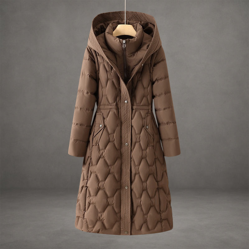Women's warm luxury longline hooded down coat in brown