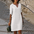 Women's V-Neck Linen Dress Midi Length