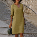 Women's V-Neck Linen Dress Midi Length