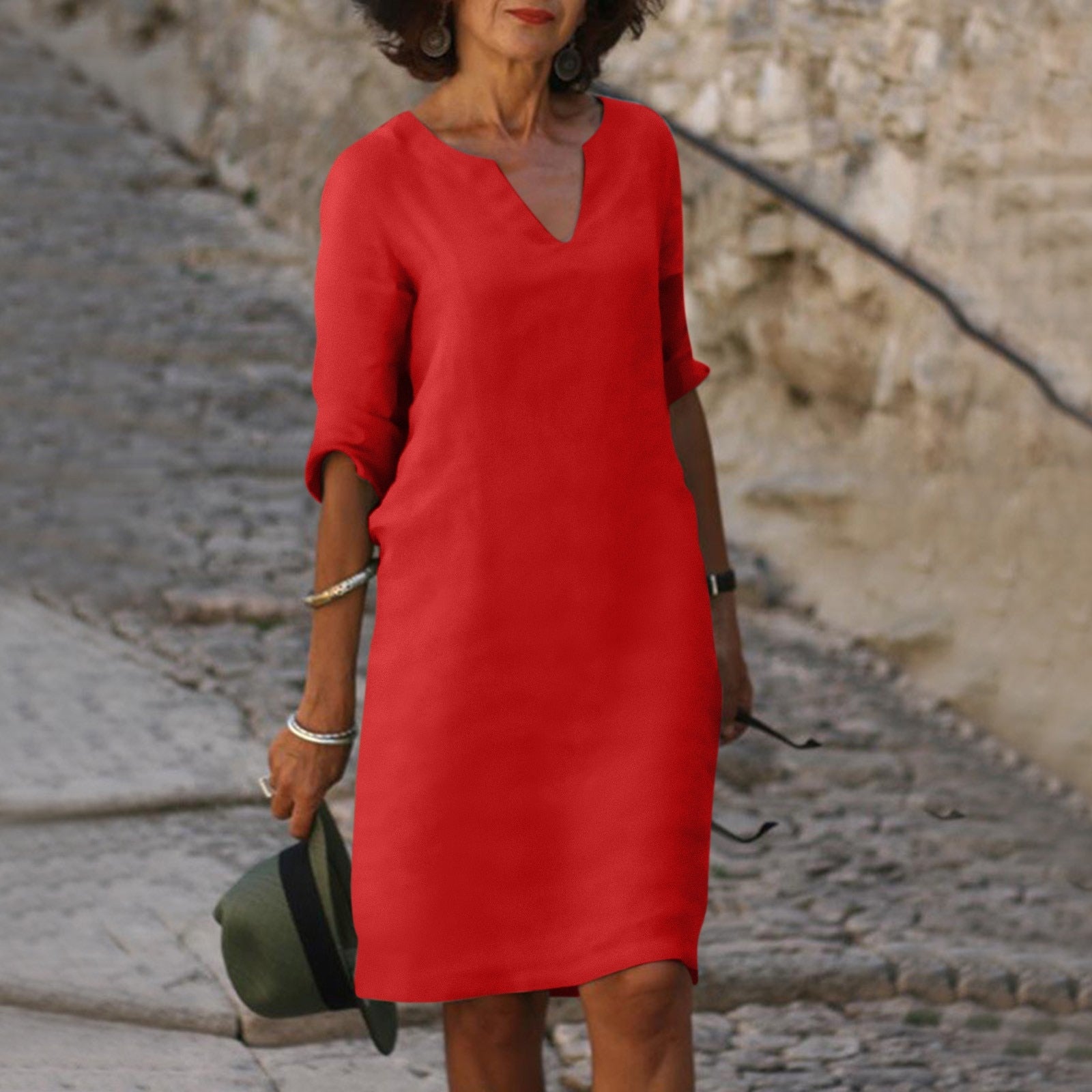 Women's V-Neck Linen Dress Midi Length
