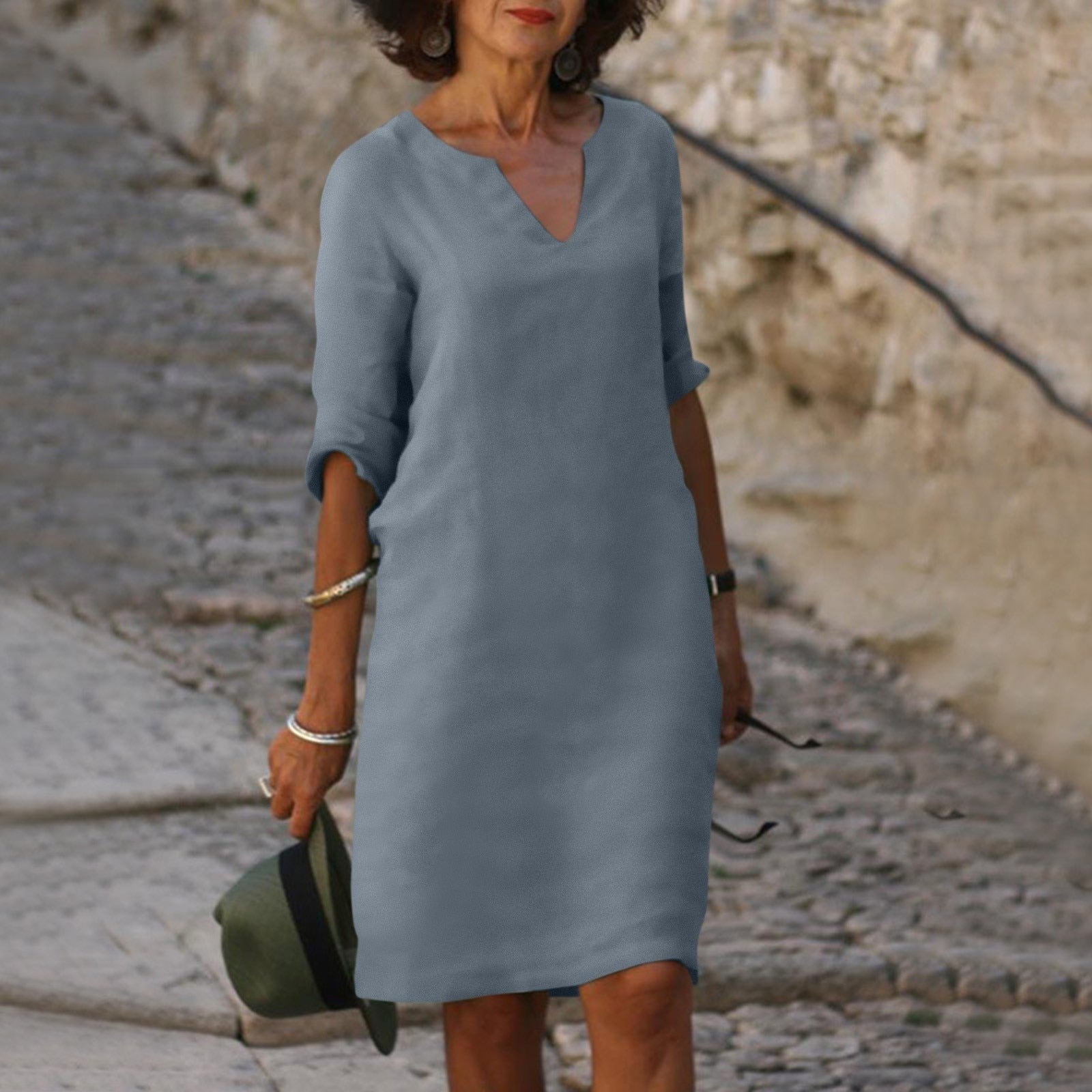 Linen V-Neck Midi Dress