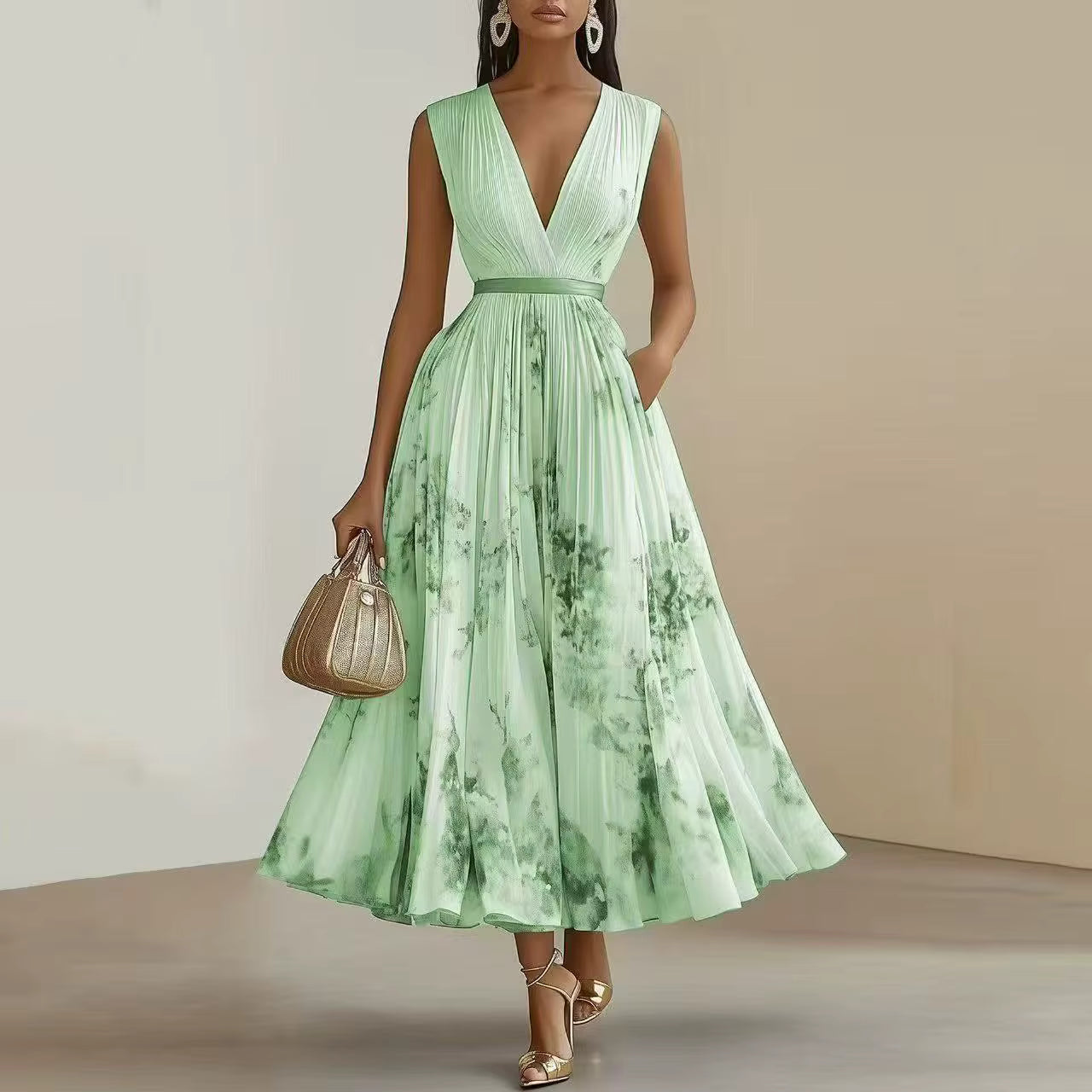 Pleated Maxi Dress with Ribbon Waist