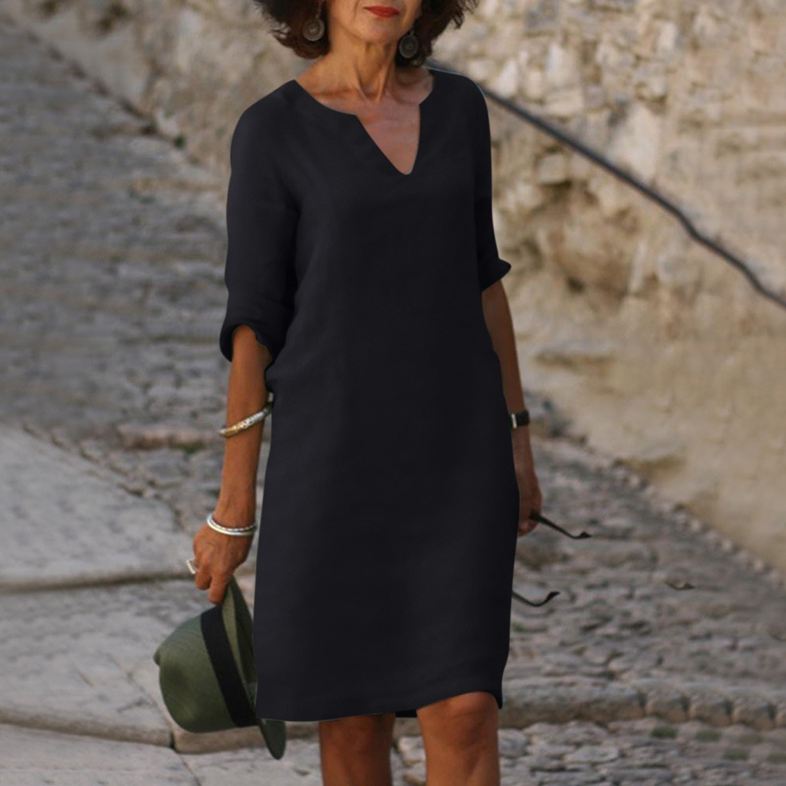 Women's V-Neck Linen Dress Midi Length