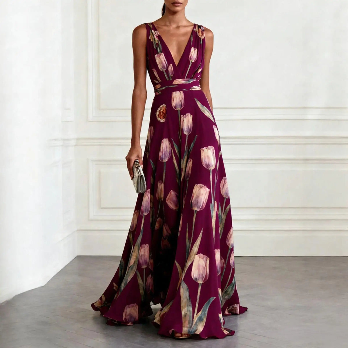 Women's elegant floral wrap maxi dress for wedding guests in burgundy