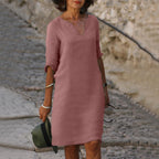Women's V-Neck Linen Dress Midi Length