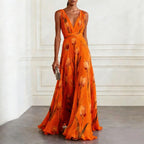 Women's elegant floral wrap maxi dress for wedding guests in orange