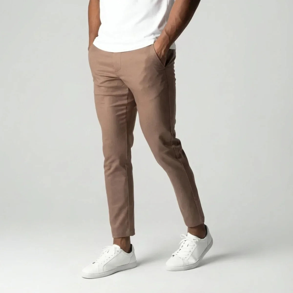 Light Brown Slim Fit Cotton Blend Trousers with Elastic Waist