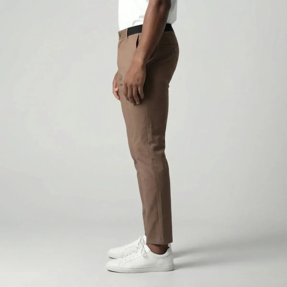 Light Brown Slim Fit Cotton Blend Trousers with Elastic Waist