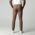 Light Brown Slim Fit Cotton Blend Trousers with Elastic Waist