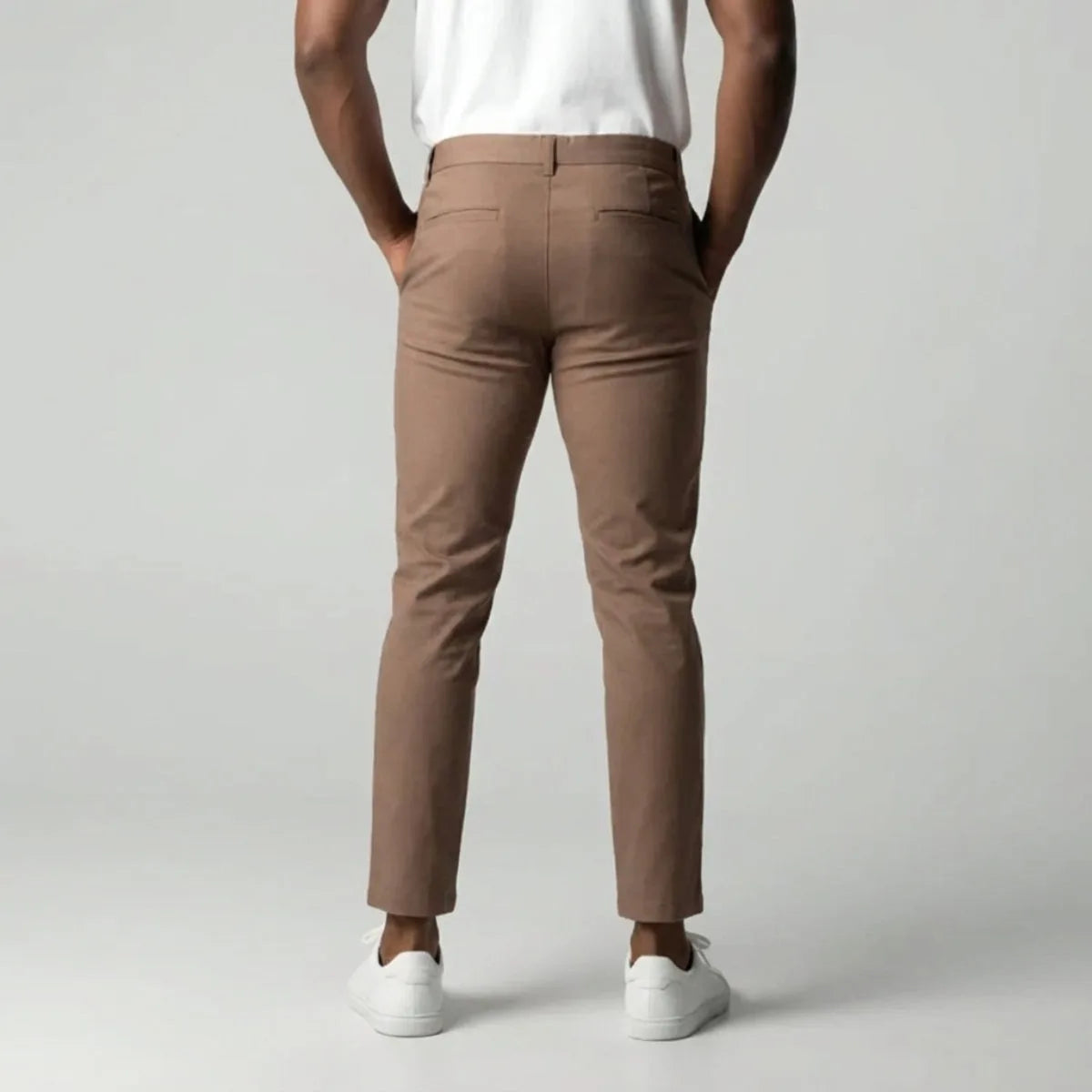Light Brown Slim Fit Cotton Blend Trousers with Elastic Waist