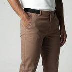 Light Brown Slim Fit Cotton Blend Trousers with Elastic Waist