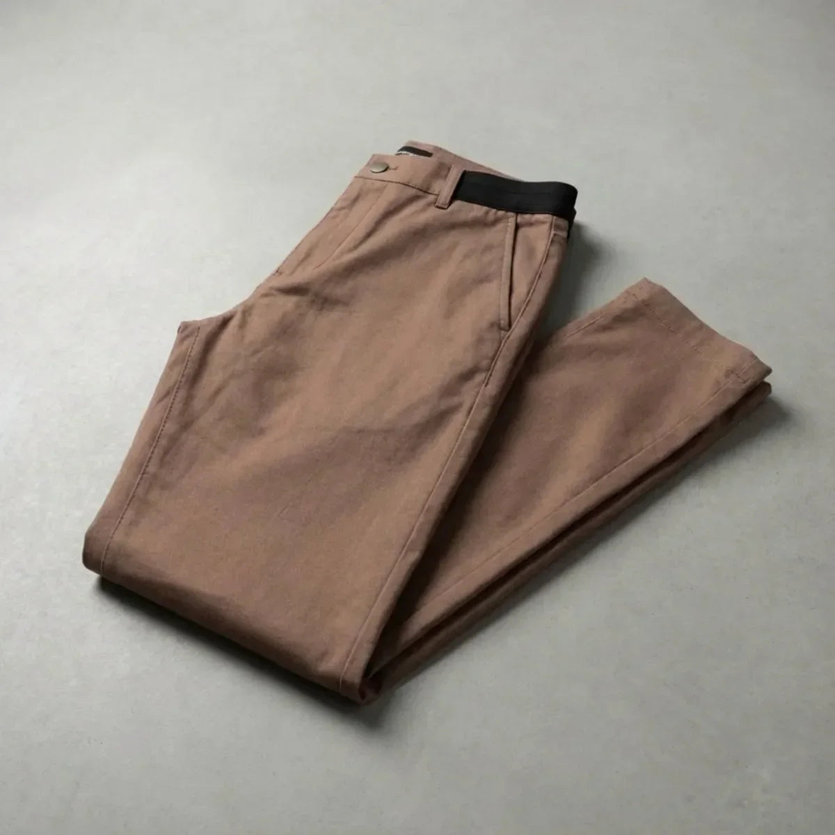 Light Brown Slim Fit Cotton Blend Trousers with Elastic Waist