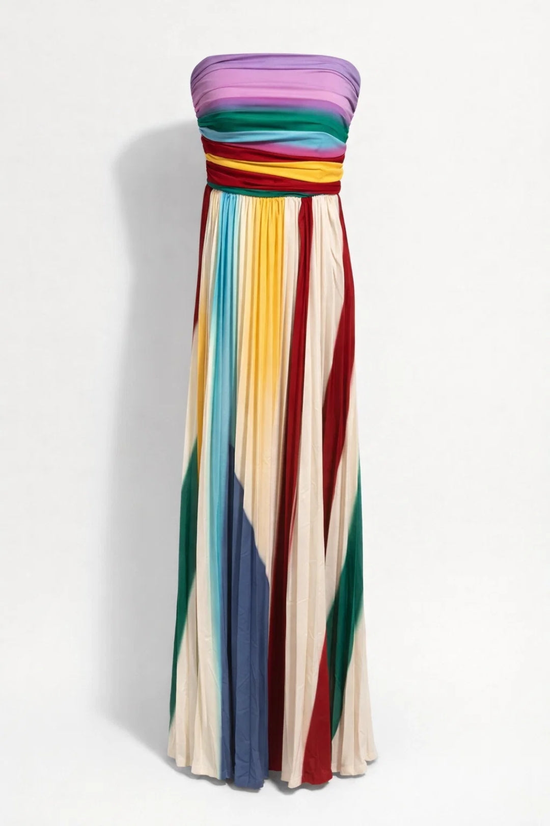 Strapless maxi dress featuring a flowy silhouette, perfect for summer weddings, in a vibrant floral print. 1