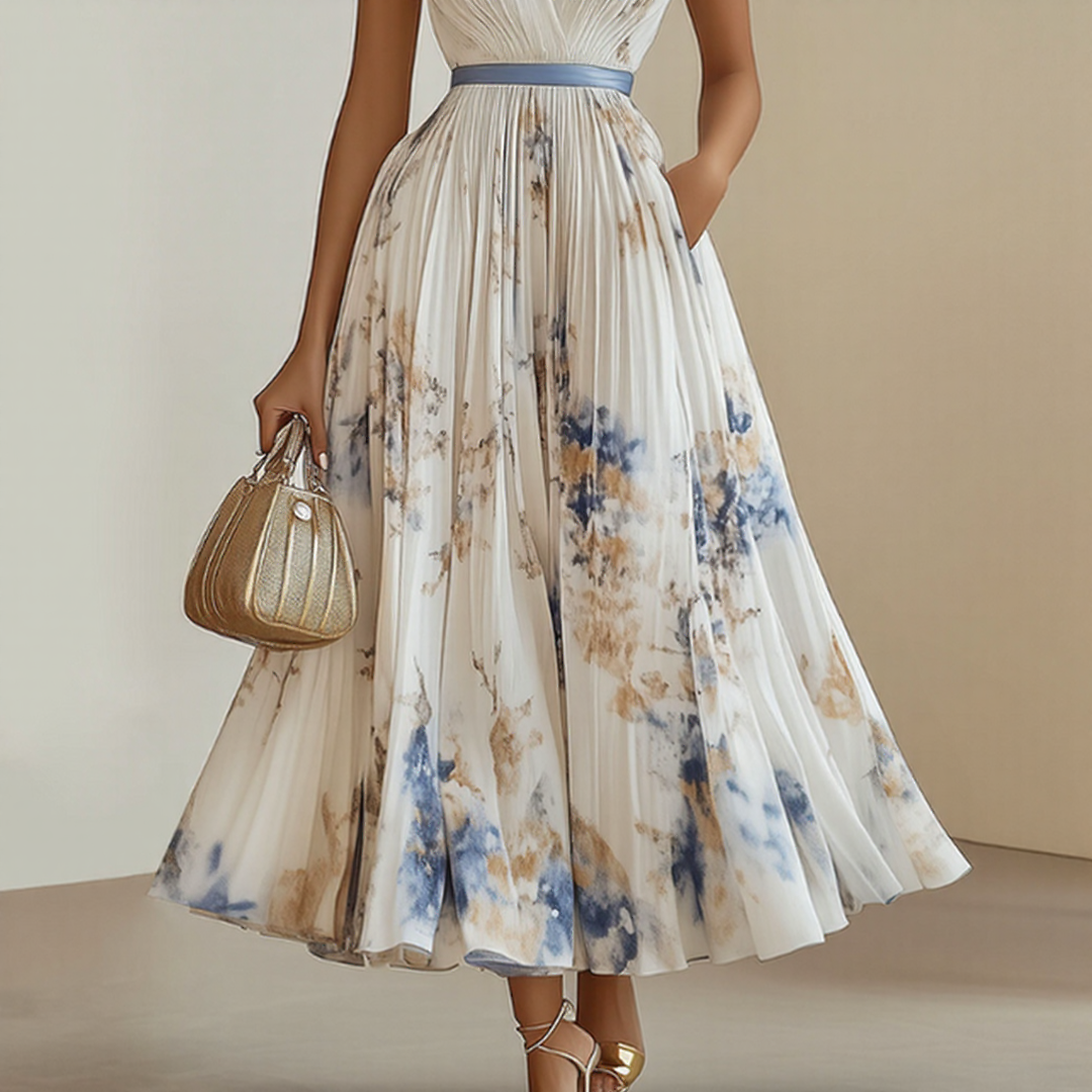 Pleated Maxi Dress with Ribbon Waist