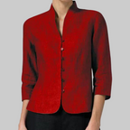 Women's stand collar button front blouse with three quarter sleeves in red