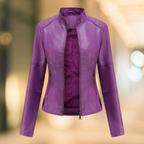 Stand collar leather jacket with zip front in purple