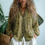 Women's linen long sleeve button front blouse in light olive green