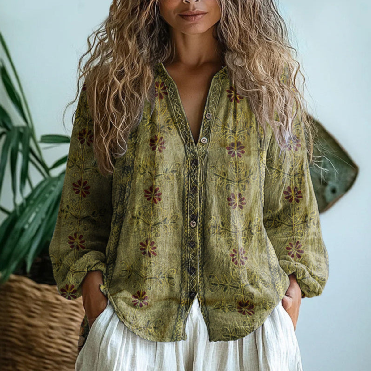 Women's linen long sleeve button front blouse in light olive green