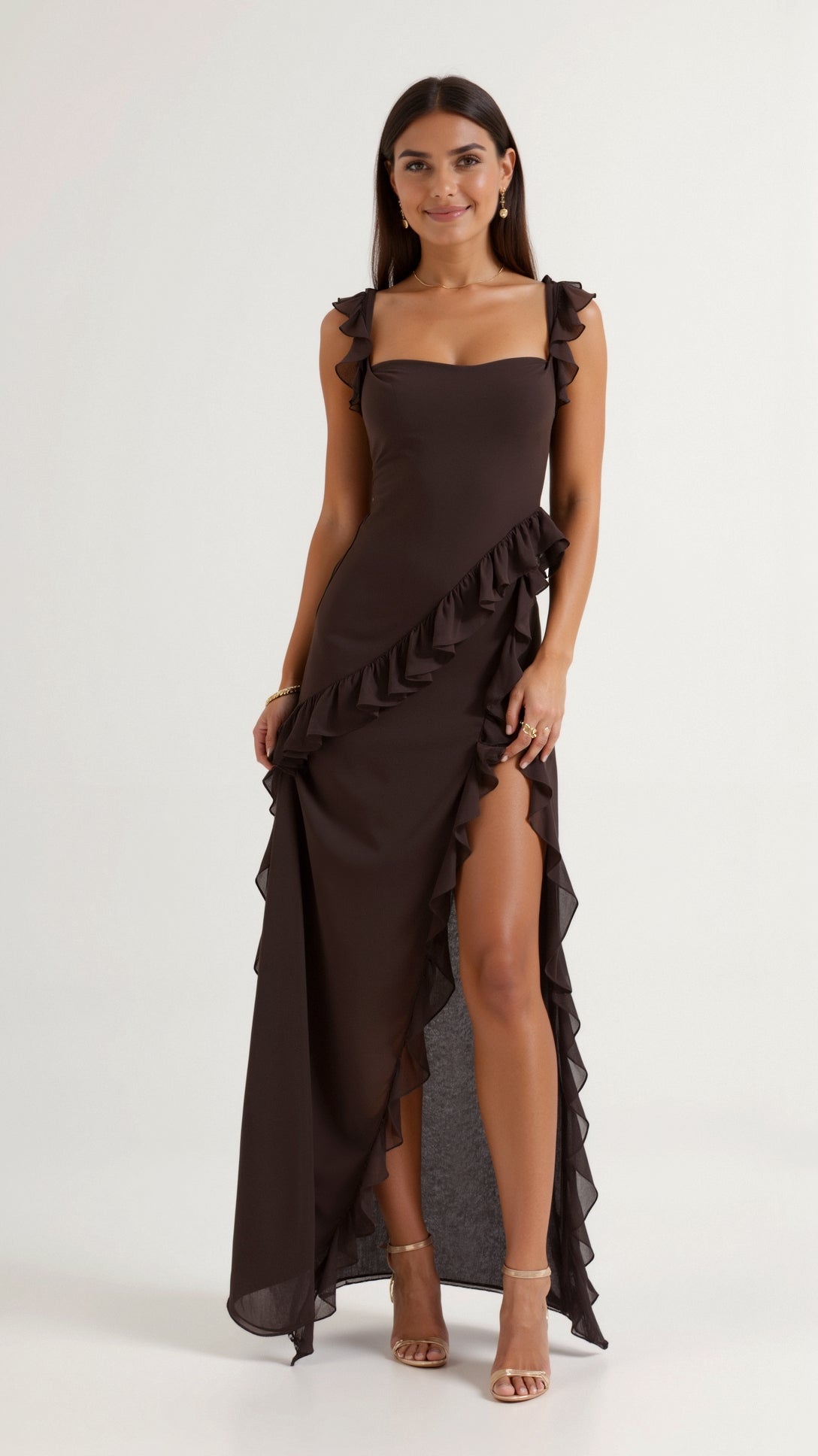 Elegant women's evening dress featuring ruffled details, perfect for formal occasions, showcasing a flowing maxi silhouette in a sophisticated design. 0