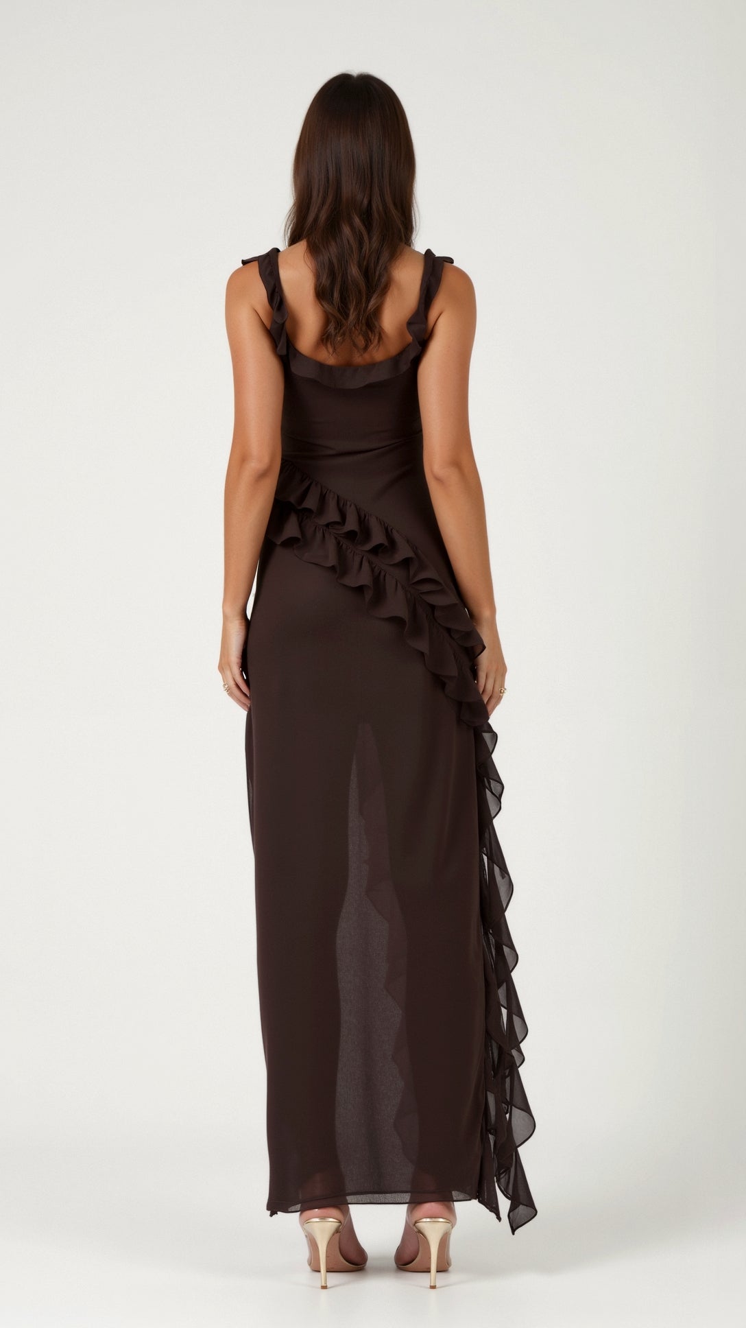 Elegant women's evening dress featuring ruffled details, perfect for formal occasions, showcasing a flowing maxi silhouette in a sophisticated design. 3