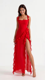 Elegant women's evening dress featuring ruffled details, perfect for formal occasions, showcasing a flowing maxi silhouette in a sophisticated design. 8