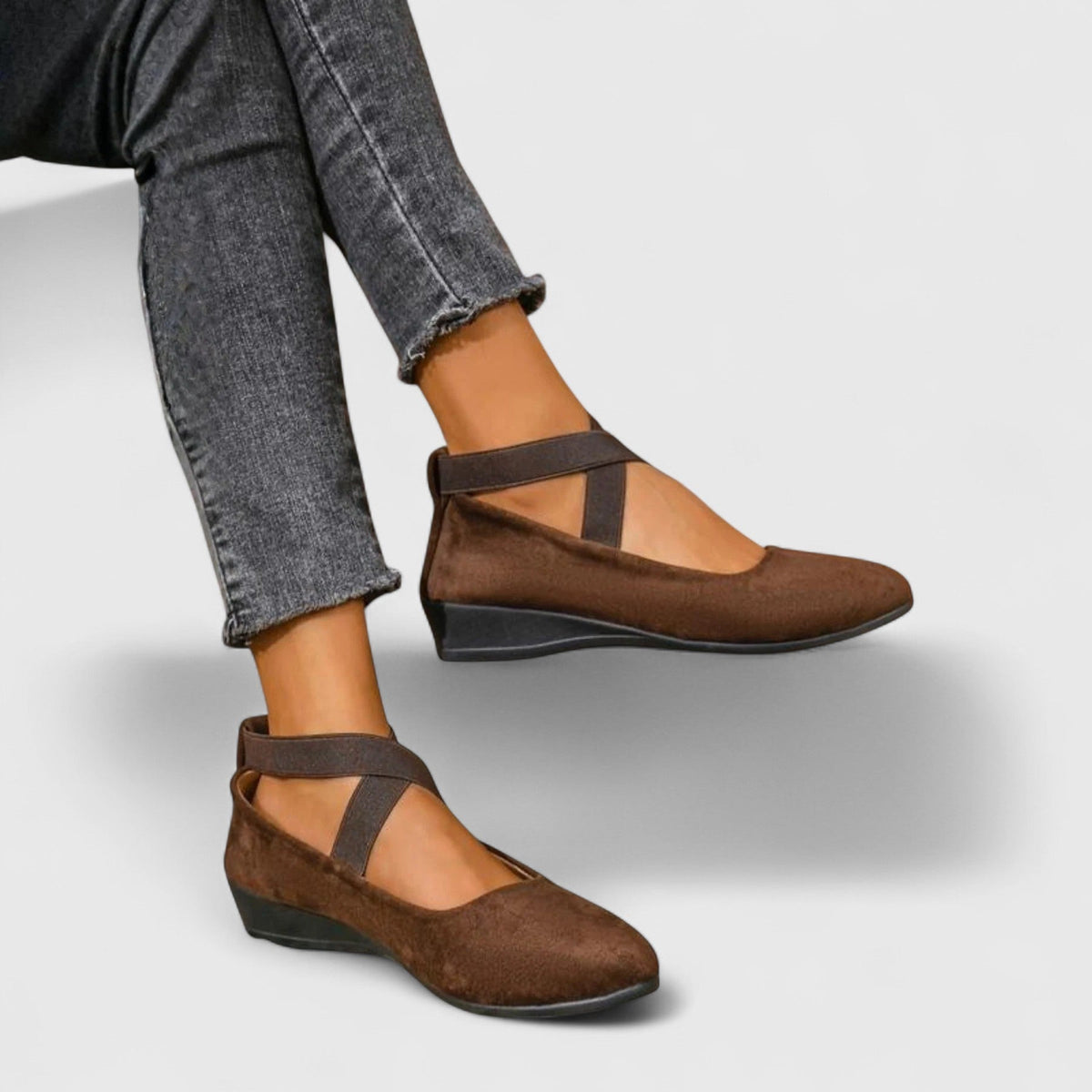 Orthopedic ballet flats with ankle strap in brown