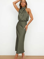 Satin Halter Neck Bodycon Maxi Dress