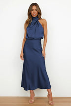 Satin Halter Neck Bodycon Maxi Dress