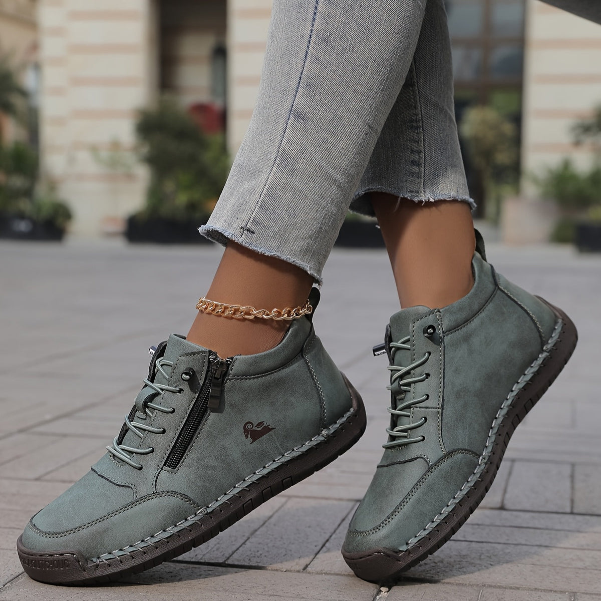 Women's arch support lace up ankle sneakers with wide toe box in sage green