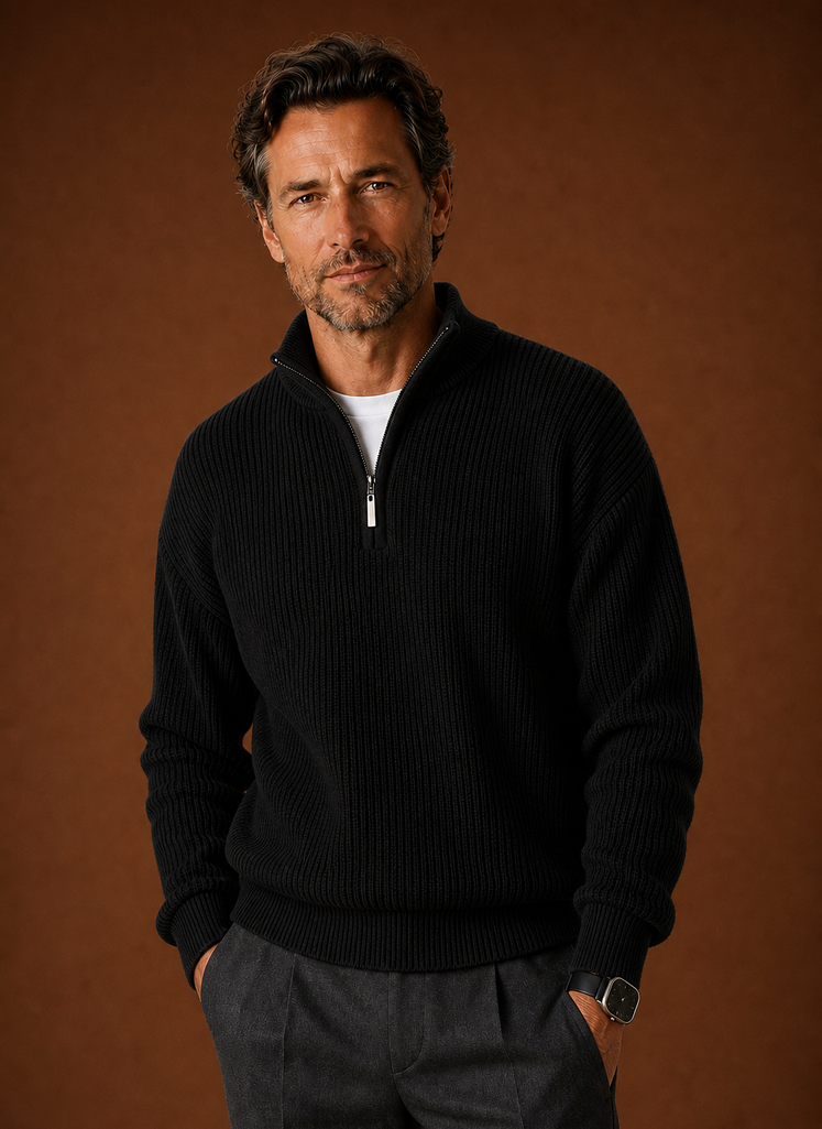 Men's ribbed knit quarter zip sweater in black