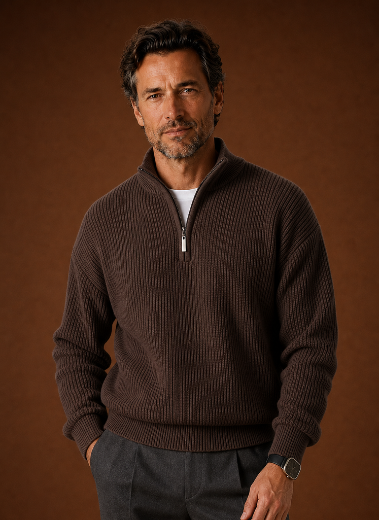 Men's ribbed knit quarter zip sweater in brown