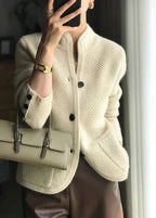 Ribbed cashmere stand collar button front cardigan