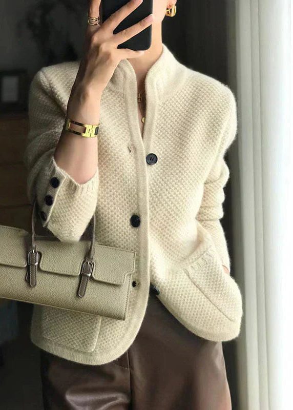 Ribbed cashmere stand collar button front cardigan