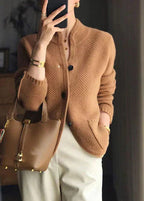 Ribbed cashmere stand collar button front cardigan in camel