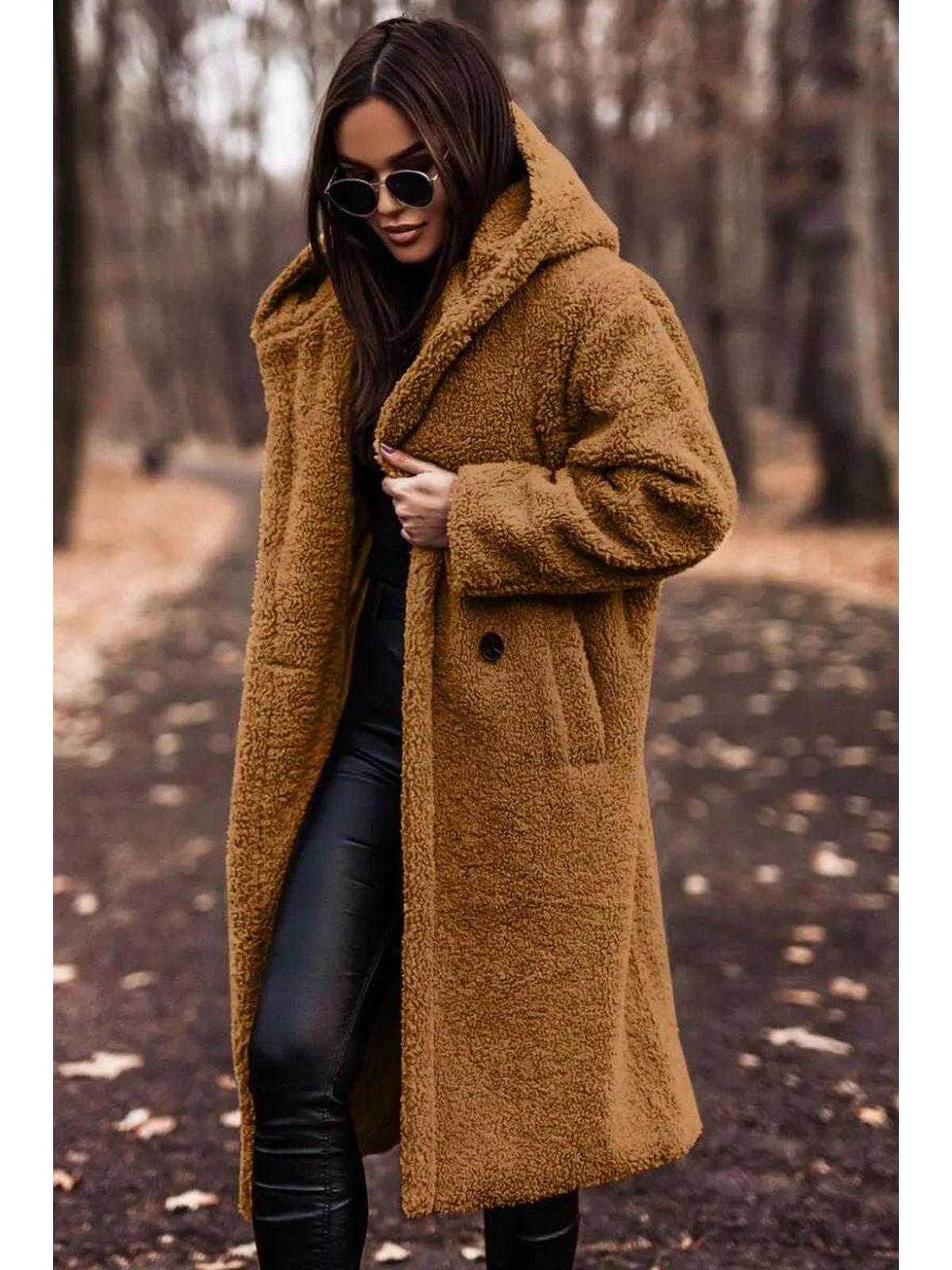 Women's hooded knee length winter coat in light brown