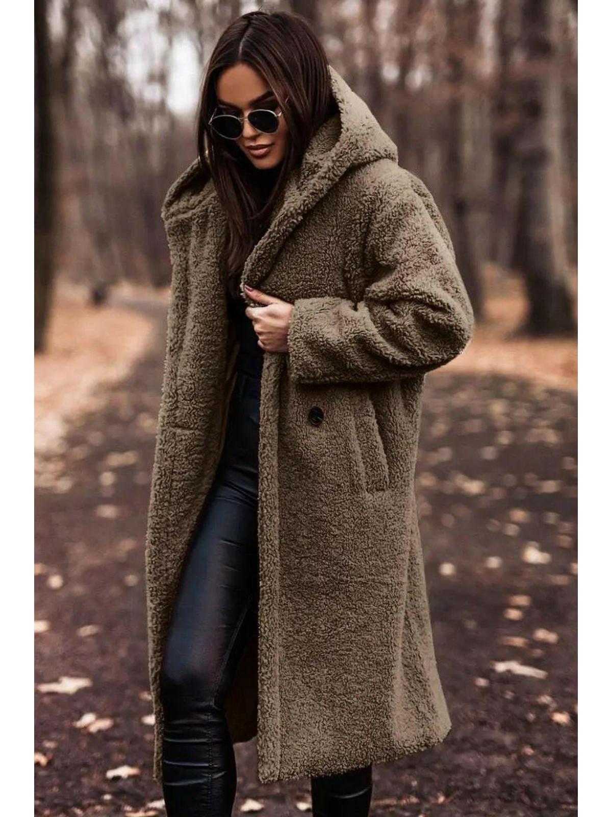 Women's hooded knee length winter coat in khaki