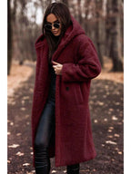 Women's hooded knee length winter coat in red