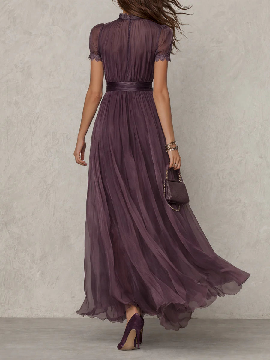Women's elegant flowing pleated high neck maxi dress
