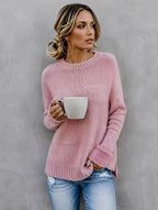 Women's marled knit crew neck sweater with side slits in pink