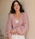 Cropped chunky knit cardigan sweater in pink